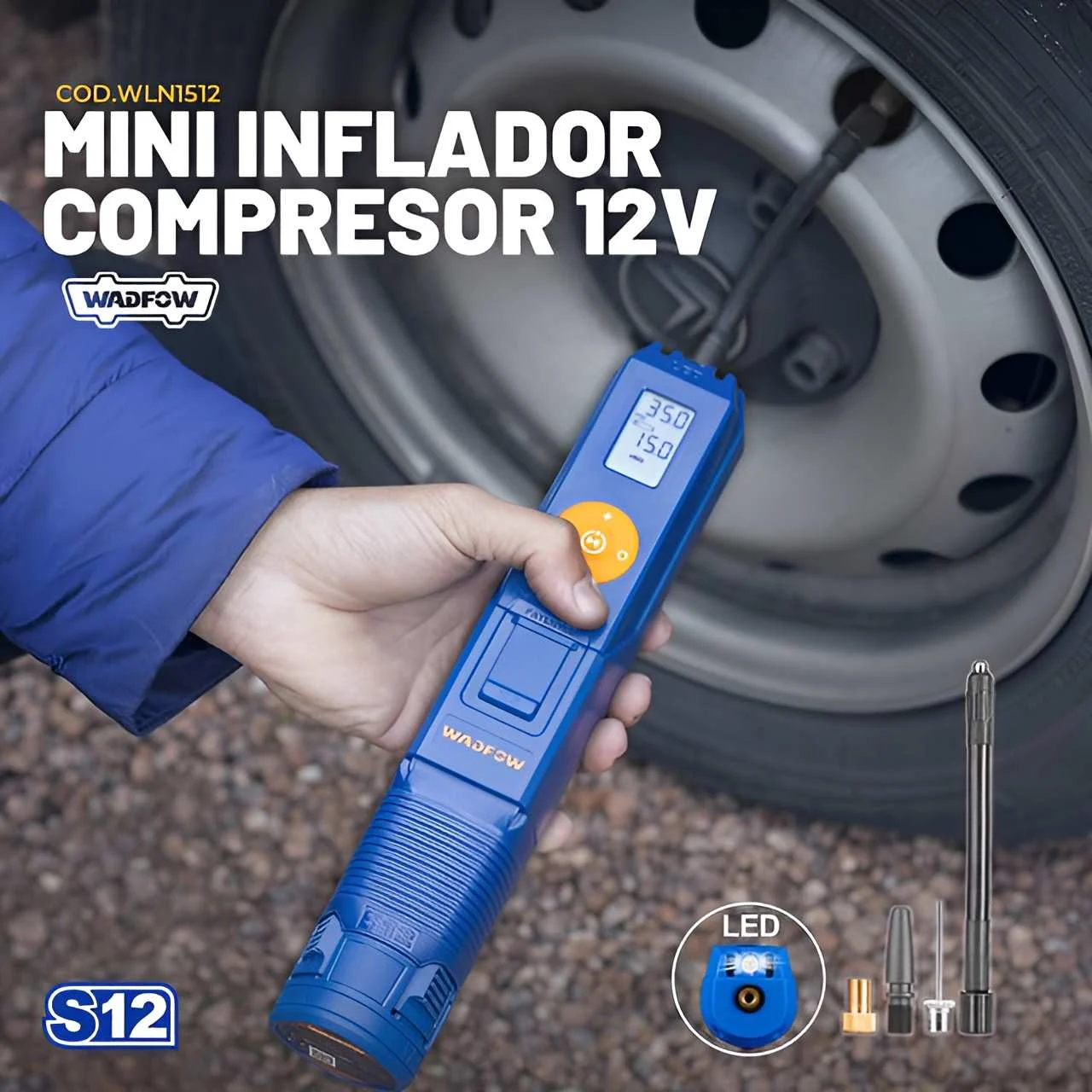 Máy kiểm tra hơi (bơm hơi) lốp xe ô tô dùng pin 12V Wadfow WLN1512 - Ảnh 3