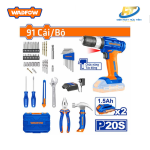 Bộ dụng cụ 91 món Wadfow WDT1B90 + máy khoan dùng pin 20V WCDP522