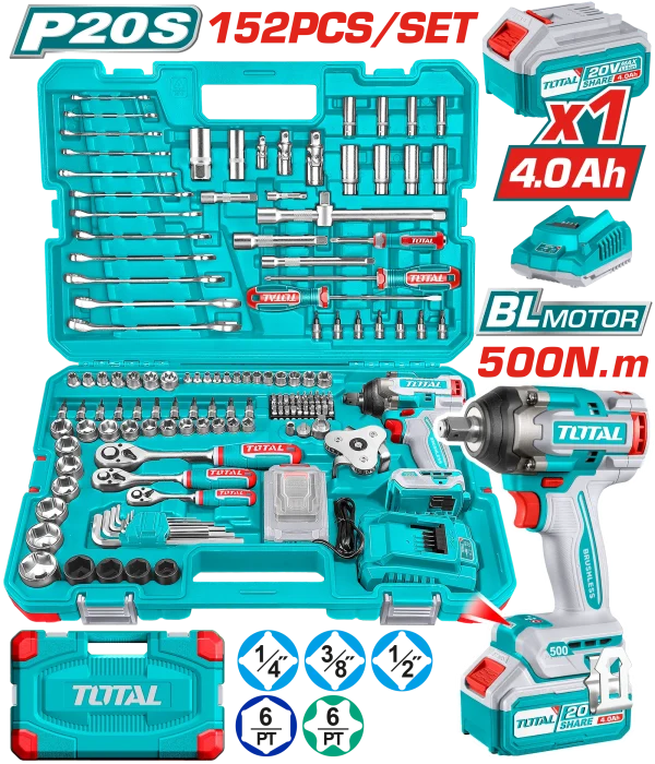Bộ dụng cụ TOTAL 152 món THKTHP31522 kèm máy siết bu lông pin 20V không chổi than TIWLI2050