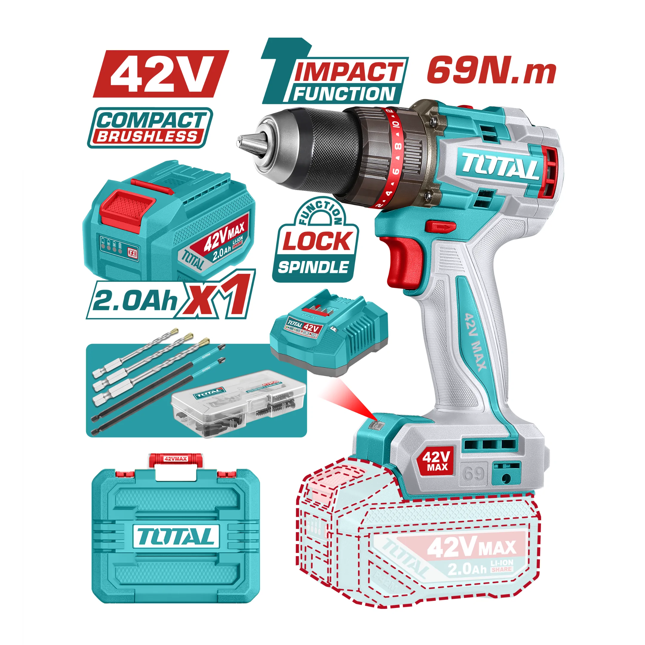 Máy khoan búa dùng pin 42V TOTAL TIDLI426981