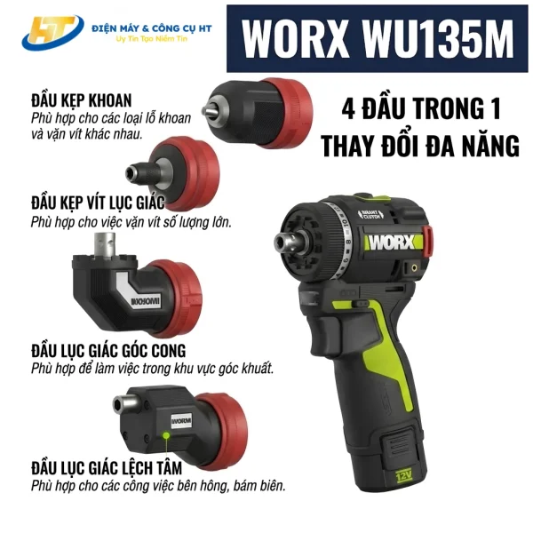 Máy vặn vít đa năng 4 đầu dùng pin 12V WORX WU135M