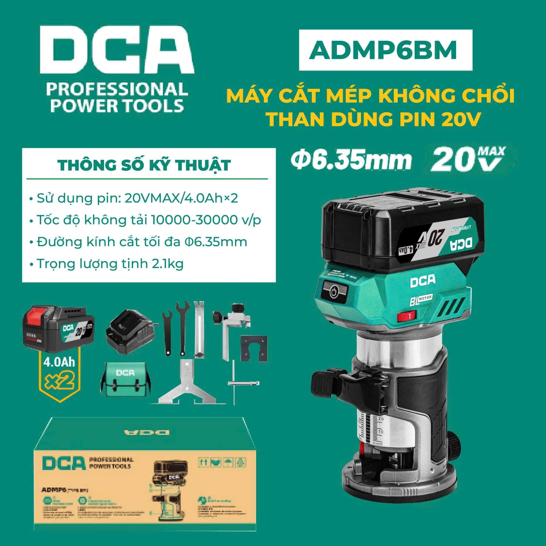 Máy cắt mép không chổi than dùng pin 20V DCA ADMP6BM (2 pin 1 sạc)