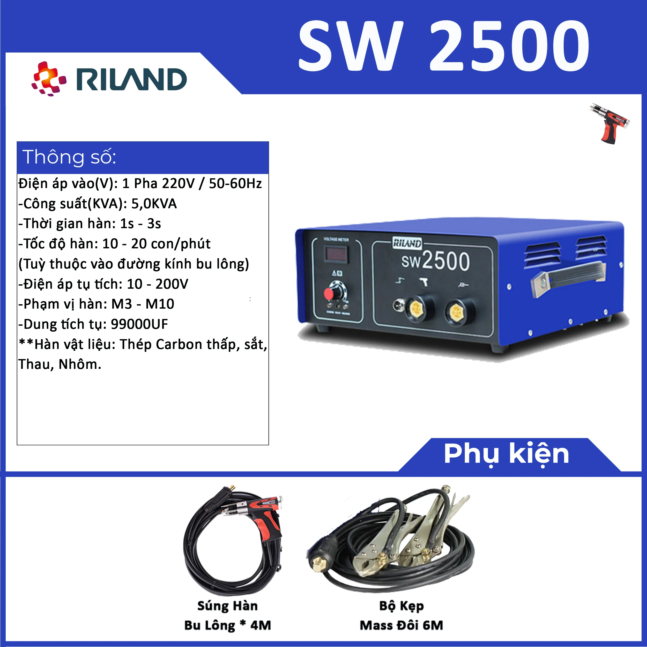 Máy hàn bu lông dân dụng 2500W - 220V Riland SW 2500 - Ảnh 4