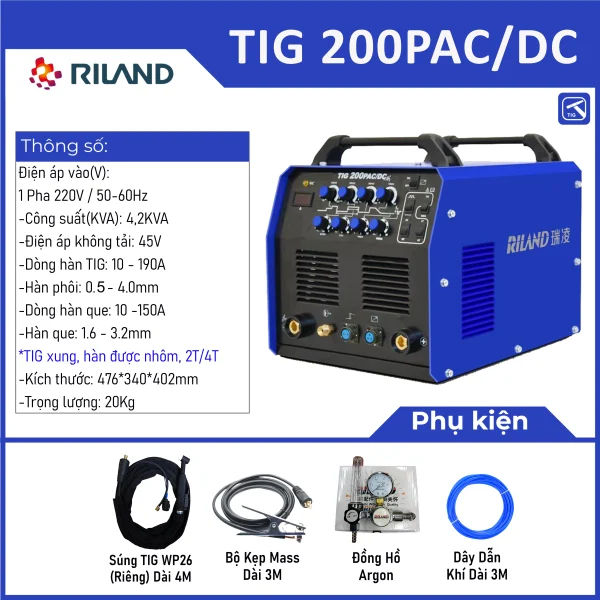 Máy hàn Tig MMA RILAND TIG 200PAC/DC - Chuyên hàn nhôm - Ảnh 4