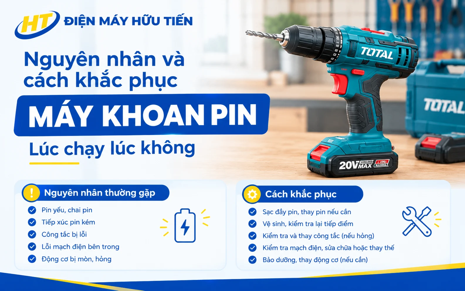 Nguyên nhân và cách khắc phục máy khoan pin lúc chạy lúc không