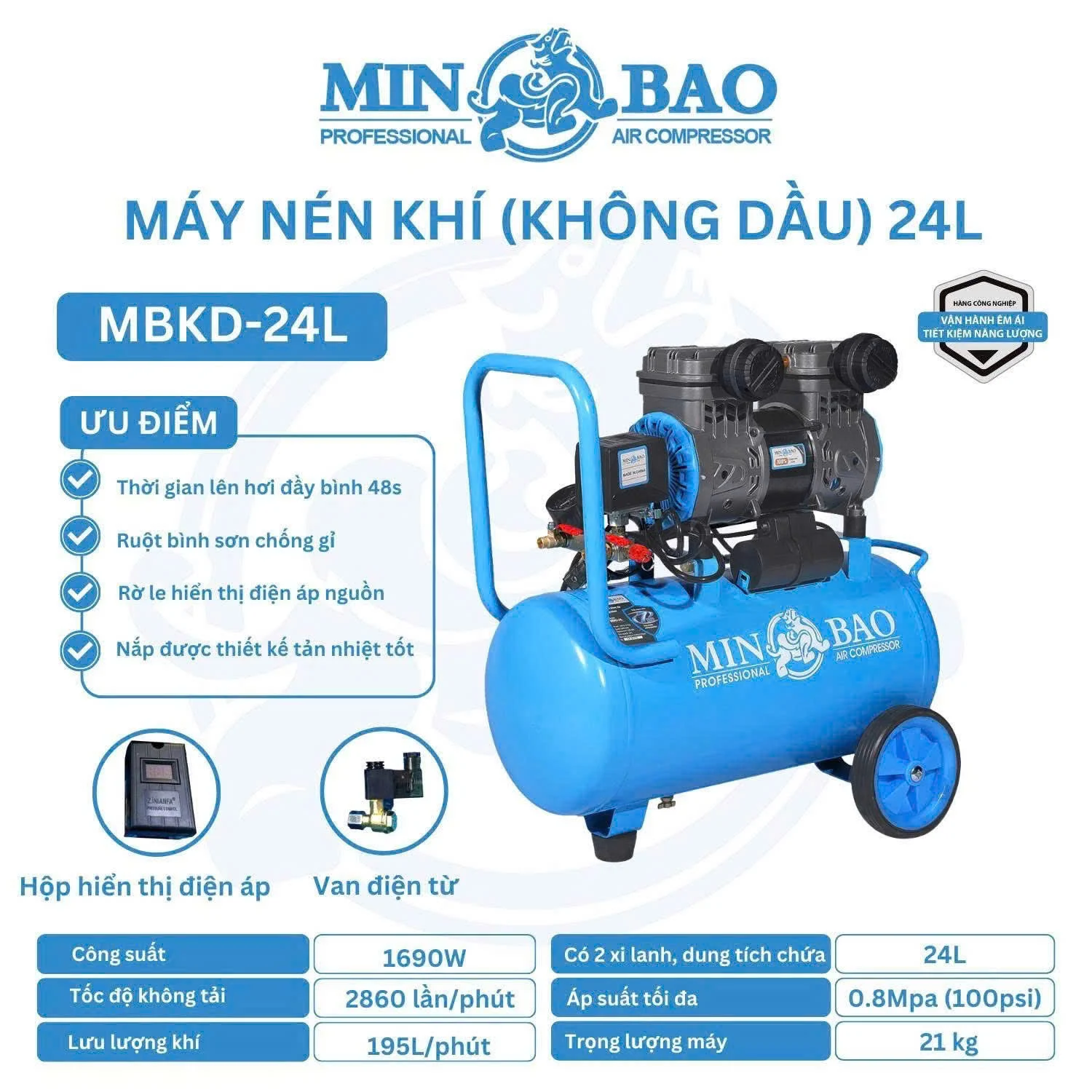 Máy nén khí không dầu 24L 2HP Minbao MBKD-24L - Ảnh 3