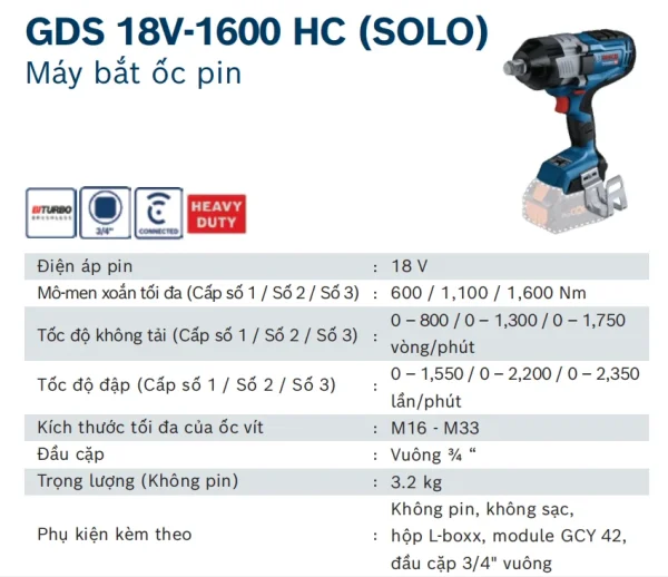 Máy Siết Bu Lông Dùng Pin 18V Bosch GDS 18V-1600 HC (Chưa Pin & Sạc) - Ảnh 3