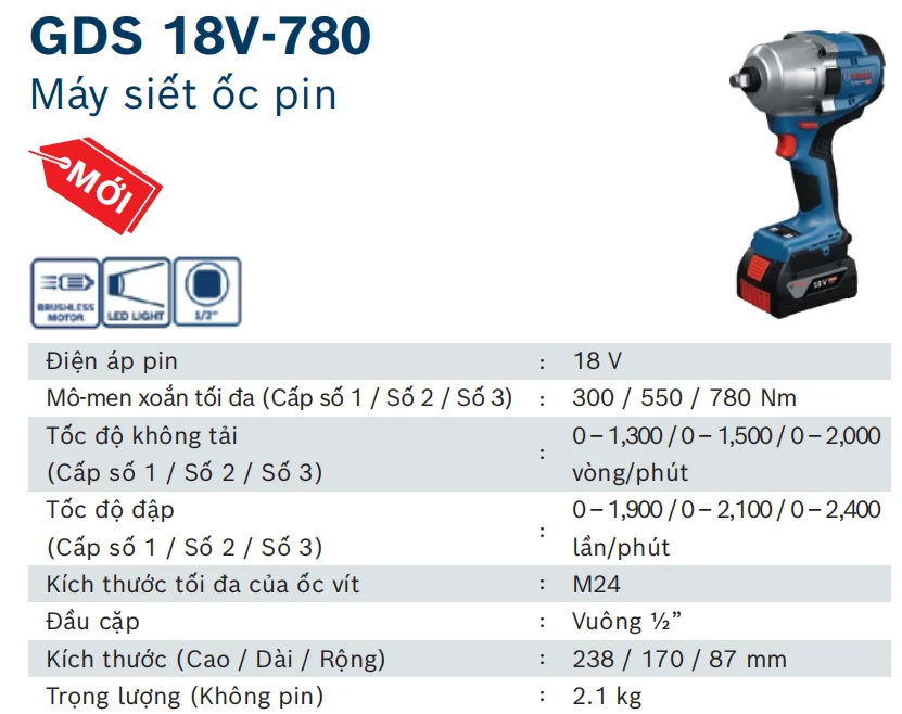 Máy vặn bu lông dùng pin 18V Bosch GDS 18V-780 (2 Pin 5.0Ah, 1 Sạc) - Ảnh 3